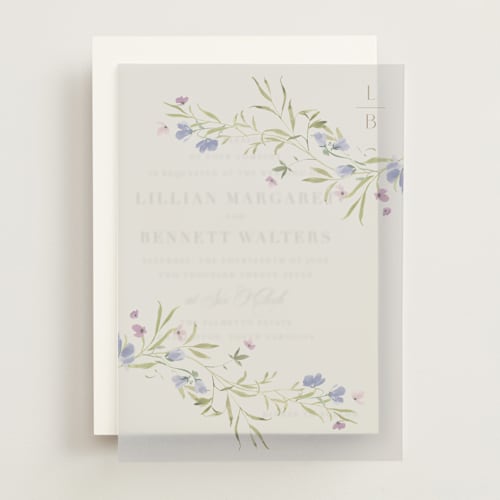 This is a wisteria vellum overlays with standard by Everett Paper Goods called sweeping meadow printing on translucent vellum in overlay