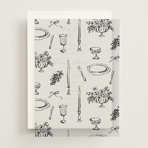 This is a black dahlia vellum overlays with standard by Cass Loh called tablescape drawing printing on translucent vellum in overlay