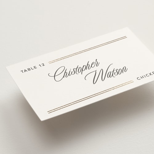 This is a quartz wedding place cards with foil pressed by Creo Study called formal lines printing on signature in placecard