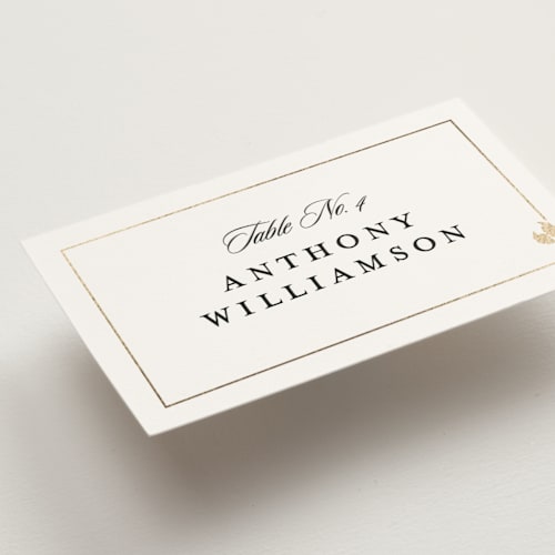 This is a vanilla wedding place cards with foil pressed by Stacy Maalouf called foil meal silhouettes printing on signature in placecard