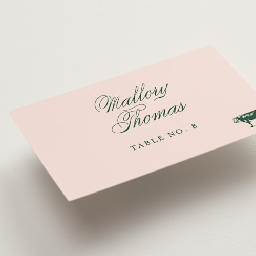 This is a rose wedding place cards with standard by Megan Davis called hepburn printing on signature in placecard
