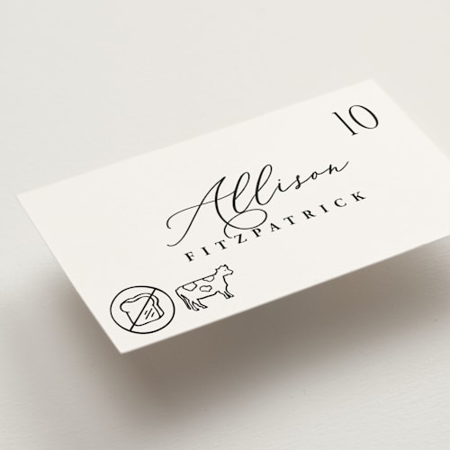 This is a ink wedding place cards with standard by Hooray Creative called chic script printing on signature in placecard