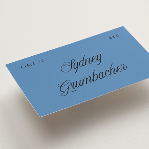 This is a cerulean wedding place cards with standard by Morgan Kendall called santorini printing on signature in placecard