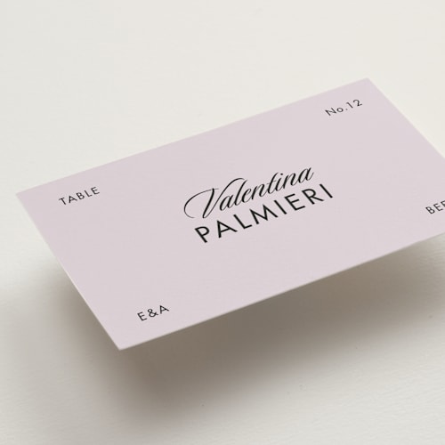 This is a lilac wedding place cards with standard by Tamara Hilje called cinematique printing on signature in placecard