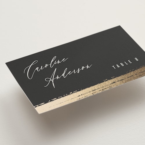 This is a onyx wedding place cards with foil pressed by Kristie Kern called panache printing on signature in placecard