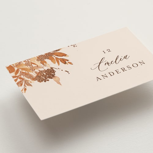 This is a rust wedding place cards with foil pressed by Chris Griffith called wedding in aspen printing on signature in placecard