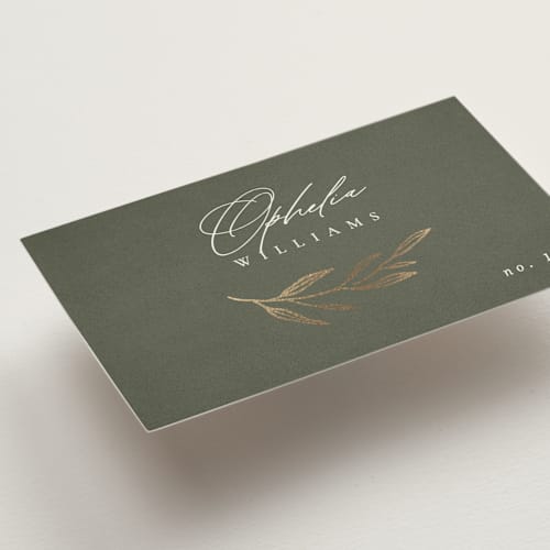 This is a moss wedding place cards with foil pressed by Kelly Schmidt called leaves printing on signature in placecard