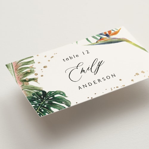 This is a tropical wedding place cards with foil pressed by Elly called our paradise printing on signature in placecard