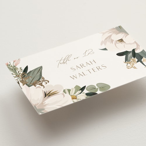This is a verdant wedding place cards with foil pressed by Susan Moyal called country garden printing on signature in placecard