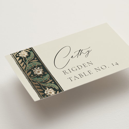 This is a emerald wedding place cards with foil pressed by Jen Owens called frame printing on signature in placecard