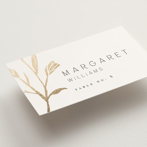 This is a cotton wedding place cards with foil pressed by Amy Kross called perennial printing on signature in placecard