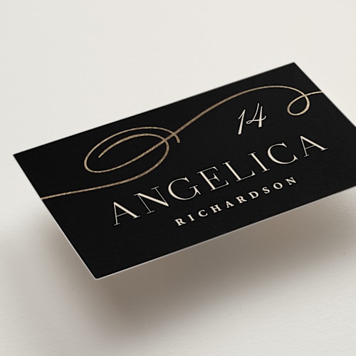 This is a onyx wedding place cards with foil pressed by Hooray Creative called black tie affair printing on signature in placecard