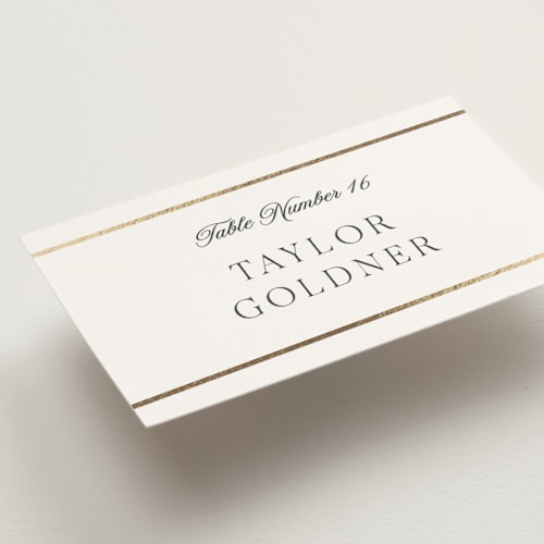 This is a pearl wedding place cards with foil pressed by Stacey Meacham called opulence printing on signature in placecard
