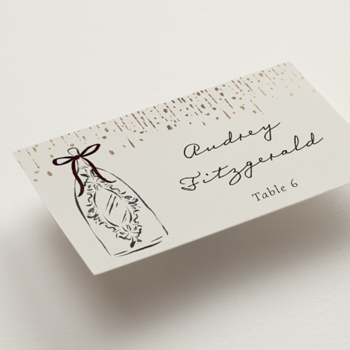 This is a noir wedding place cards with foil pressed by Jackie Crawford called hand illustrated whimsical chandelier printing on signature in placecard