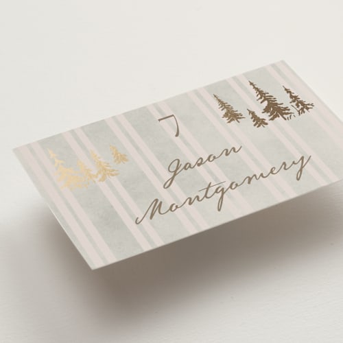 This is a dew wedding place cards with foil pressed by Petra Kern called mountain love printing on signature in placecard