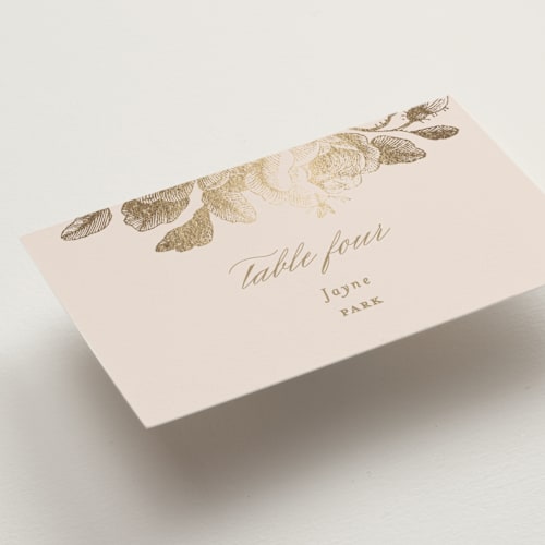 This is a petal wedding place cards with foil pressed by Design Lotus called idyllic printing on signature in placecard