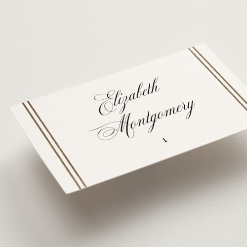 This is a silk wedding place cards with foil pressed by Carolyn MacLaren called scripted striped printing on signature in placecard