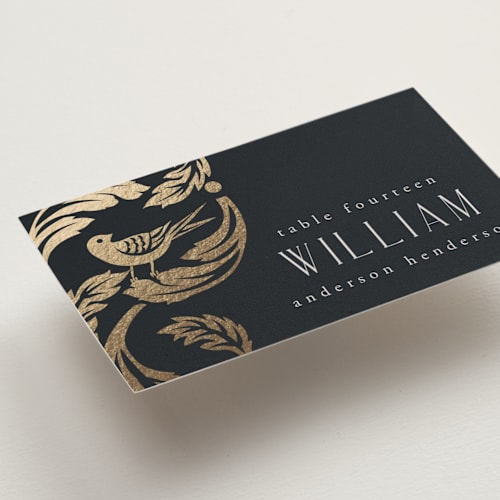 This is a onyx wedding place cards with foil pressed by Ana de Sousa called mirror printing on signature in placecard