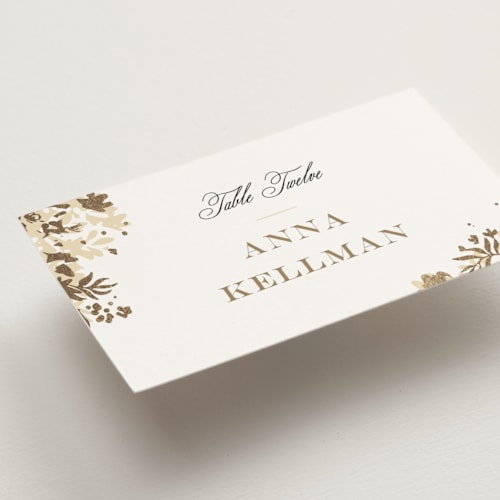 This is a honeysuckle wedding place cards with foil pressed by Leah Bisch called heritage printing on signature in placecard