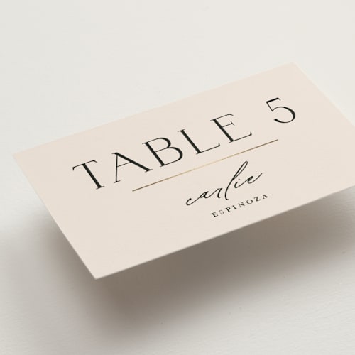 This is a latte wedding place cards with foil pressed by Christie Garcia called modernist monogram printing on signature in placecard