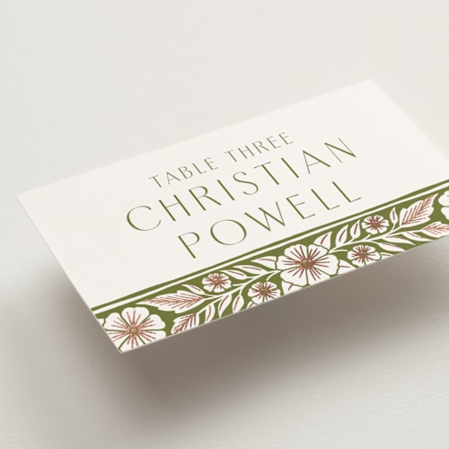 This is a avocado wedding place cards with foil pressed by Katharine Watson called inlay frame printing on signature in placecard