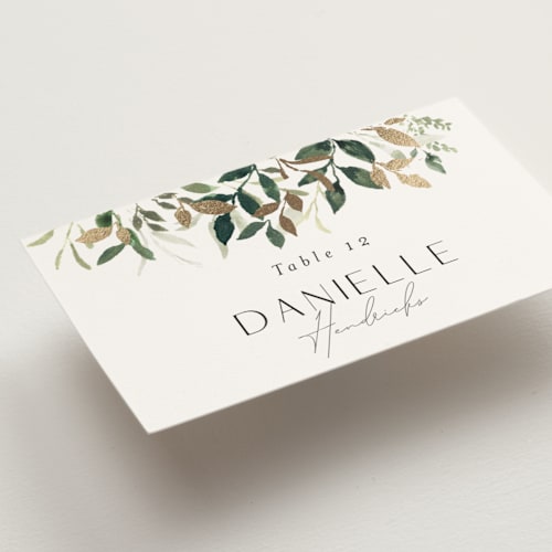 This is a greenery wedding place cards with foil pressed by Itsy Belle Studio called garden serenity printing on signature in placecard