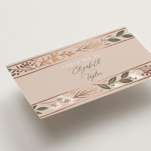 This is a burnt rose wedding place cards with foil pressed by Alethea and Ruth called illuminated storybook printing on signature in placecard