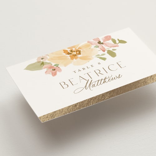 This is a carnation wedding place cards with foil pressed by Everett Paper Goods called jardin printing on signature in placecard