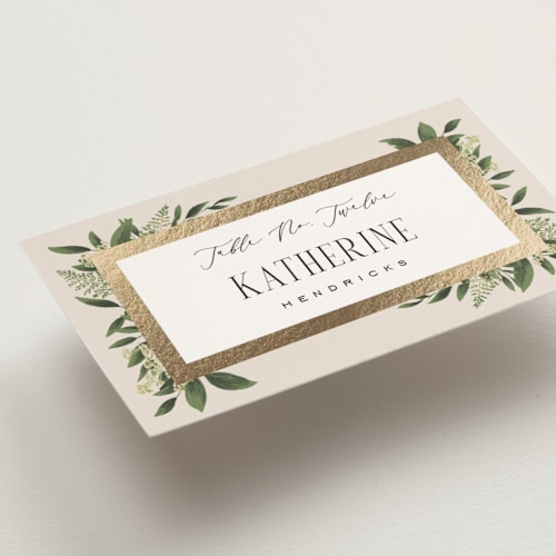 This is a champagne wedding place cards with foil pressed by Leah Bisch called bliss printing on signature in placecard