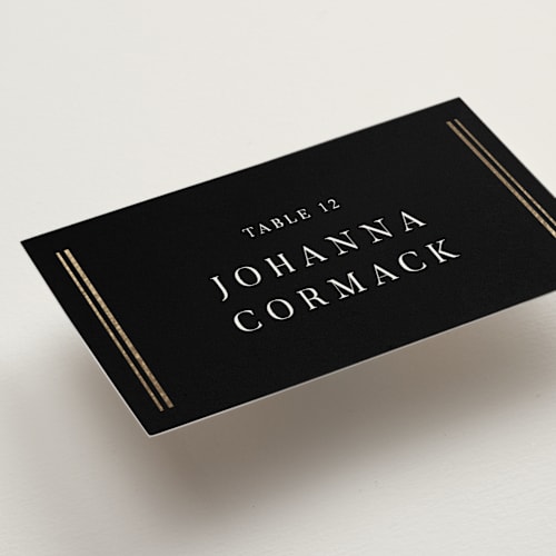 This is a midnight wedding place cards with foil pressed by Nicole Walsh called classic elegance printing on signature in placecard