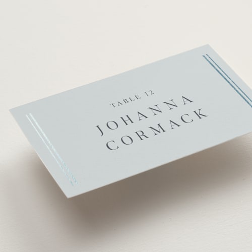 This is a sky wedding place cards with foil pressed by Nicole Walsh called classic elegance printing on signature in placecard