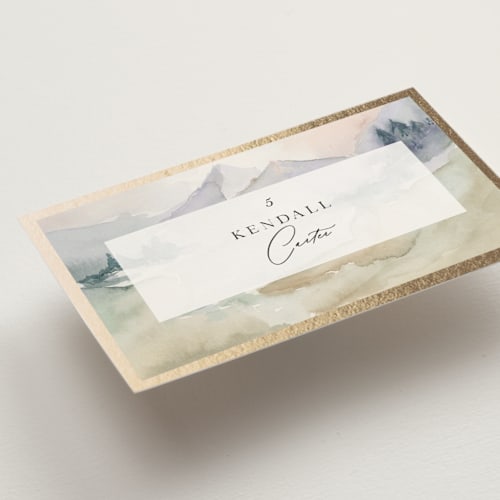 This is a latte wedding place cards with foil pressed by Lori Wemple called mountain printing on signature in placecard