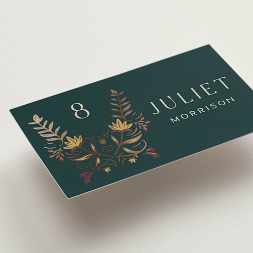 This is a deep sea wedding place cards with foil pressed by Erin German called autumnal arch printing on signature in placecard