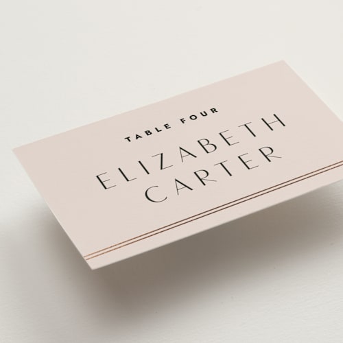 This is a blush wedding place cards with foil pressed by Kindred Fields called deco band printing on signature in placecard