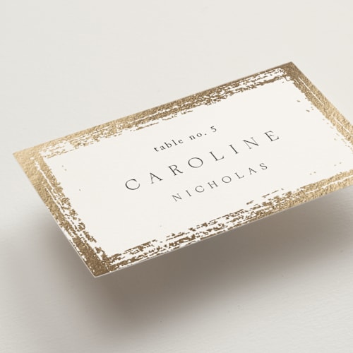 This is a silk wedding place cards with foil pressed by Kelly Schmidt called brushed edge printing on signature in placecard