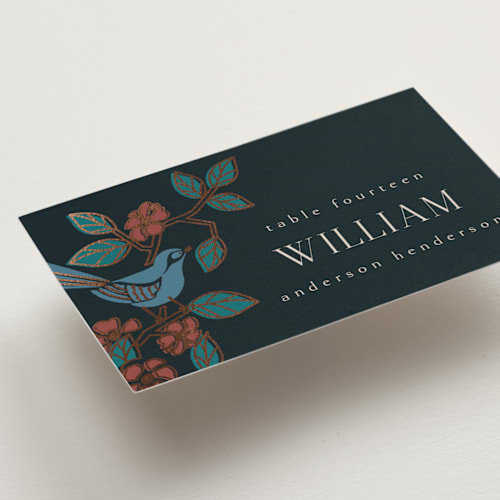 This is a onyx wedding place cards with foil pressed by Ana de Sousa called wedding birds printing on signature in placecard