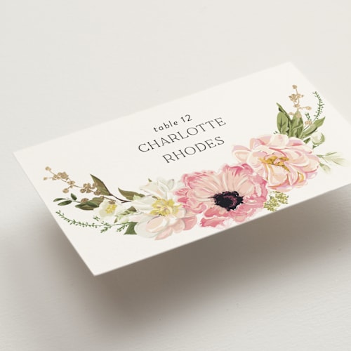 This is a peony wedding place cards with foil pressed by Susan Moyal called timeless blooms printing on signature in placecard