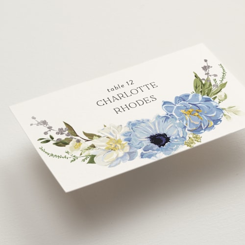 This is a azure wedding place cards with foil pressed by Susan Moyal called timeless blooms printing on signature in placecard