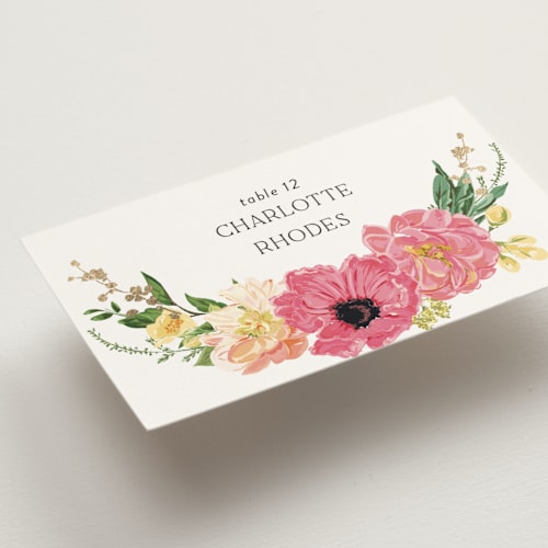 This is a tropical wedding place cards with foil pressed by Susan Moyal called timeless blooms printing on signature in placecard