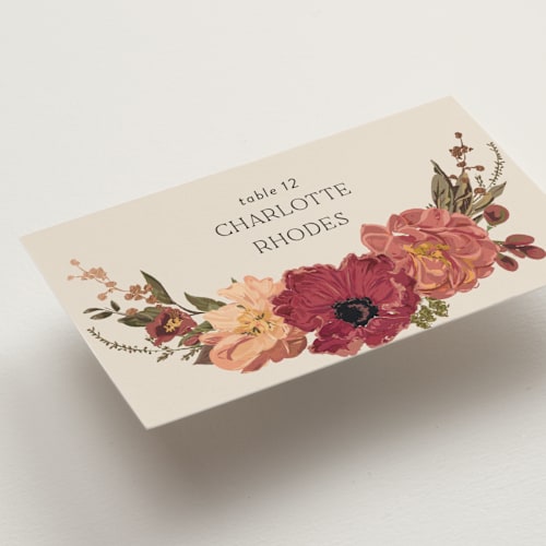 This is a harvest wedding place cards with foil pressed by Susan Moyal called timeless blooms printing on signature in placecard
