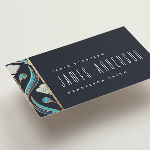 This is a cote d'azur wedding place cards with foil pressed by Ana de Sousa called deco pattern printing on signature in placecard