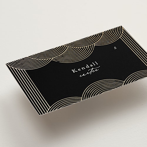 This is a onyx wedding place cards with foil pressed by Lori Wemple called ionic printing on signature in placecard