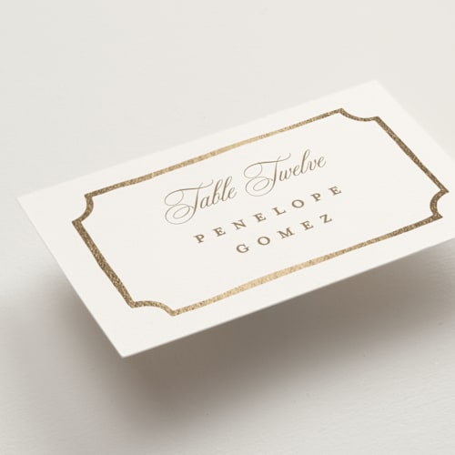 This is a pearl wedding place cards with foil pressed by Leah Bisch called monogram in leaves printing on signature in placecard