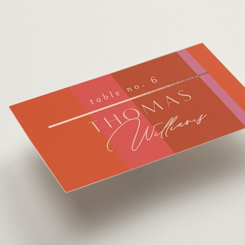 This is a fruit punch wedding place cards with foil pressed by Morgan Kendall called patchwork border printing on signature in placecard