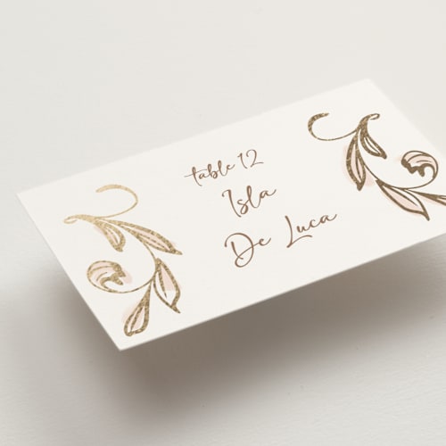 This is a blush wedding place cards with foil pressed by Ani Somi called bella bellissima printing on signature in placecard