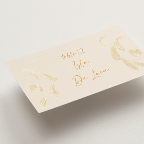 This is a sunshine wedding place cards with foil pressed by Ani Somi called bella bellissima printing on signature in placecard