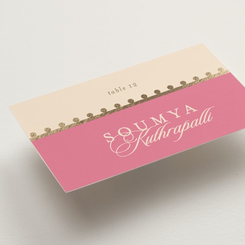 This is a carnation wedding place cards with foil pressed by Creo Study called mandapam printing on signature in placecard
