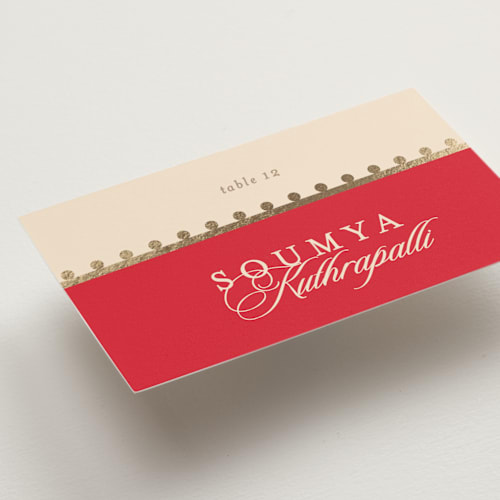 This is a sindoor wedding place cards with foil pressed by Creo Study called mandapam printing on signature in placecard