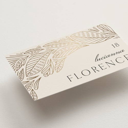This is a cream wedding place cards with foil pressed by Jen Owens called royalty printing on signature in placecard