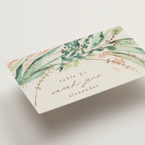This is a greenery wedding place cards with foil pressed by Phrosné Barwood called fresh tropical printing on signature in placecard
